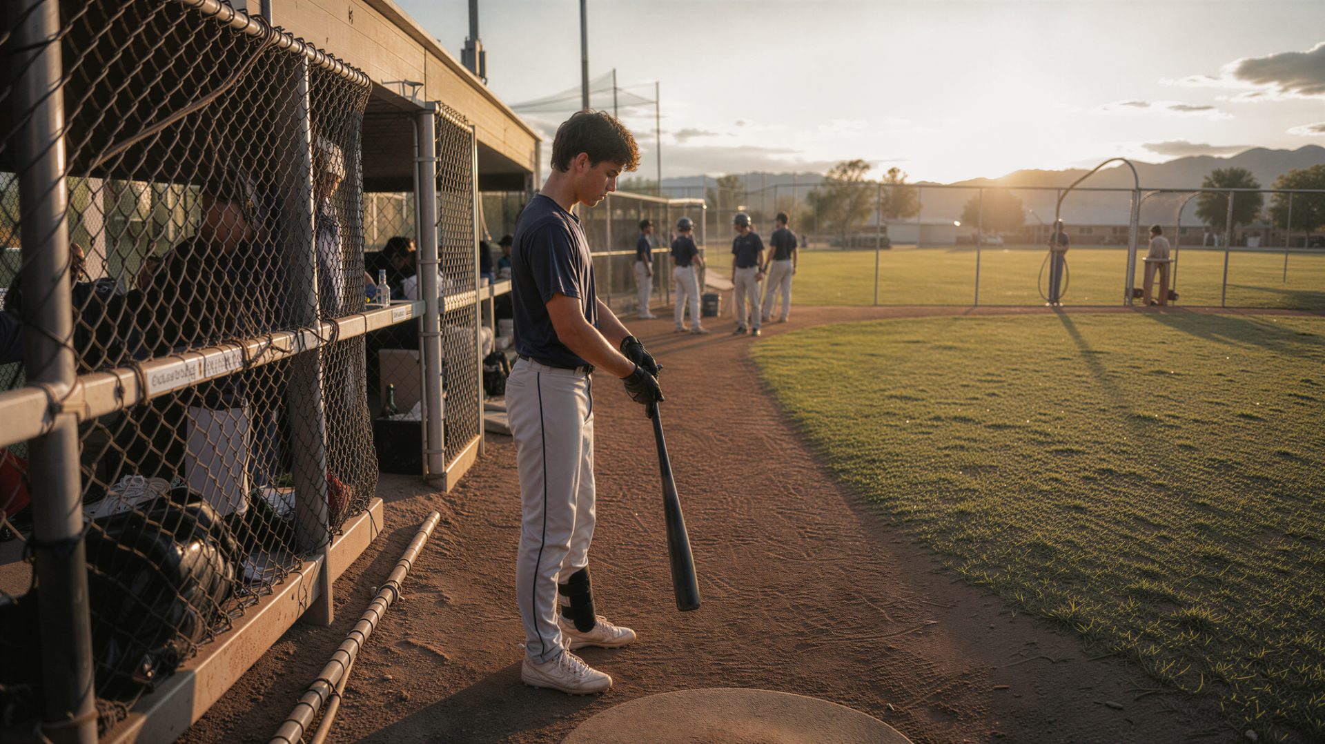 Teen baseball player preparing beside a dugout