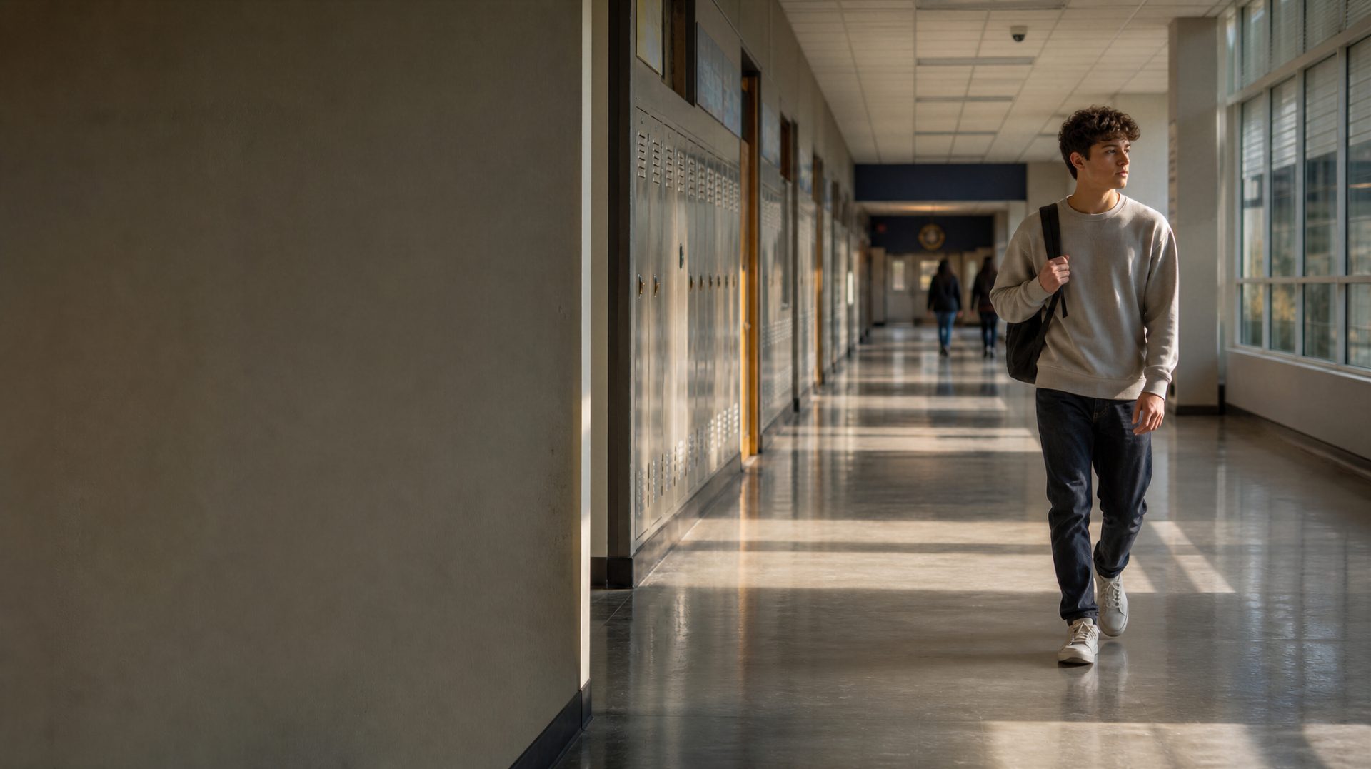 Teen guy walking through a school hallway
