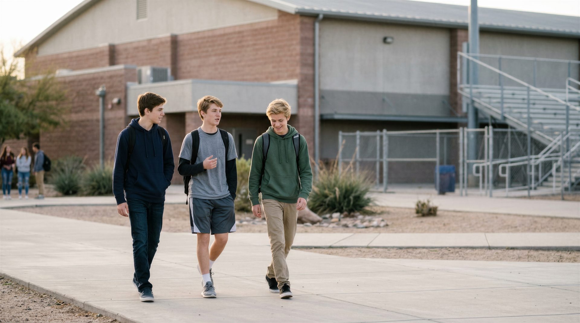 Teen guys walking together outside school