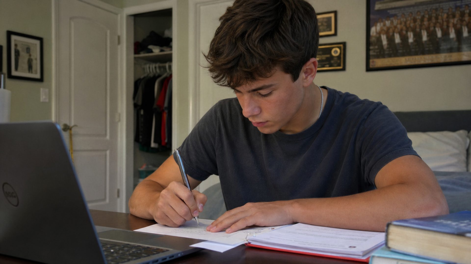 Teen guy working at a desk with school materials