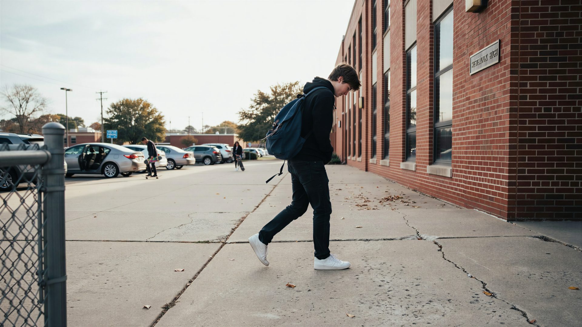 Teen guy walking outside school with a backpack