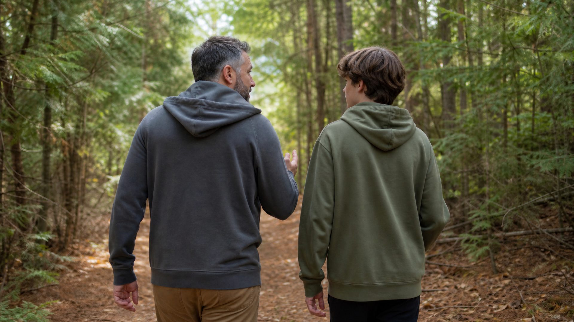 Father and teen son walking together on a wooded trail